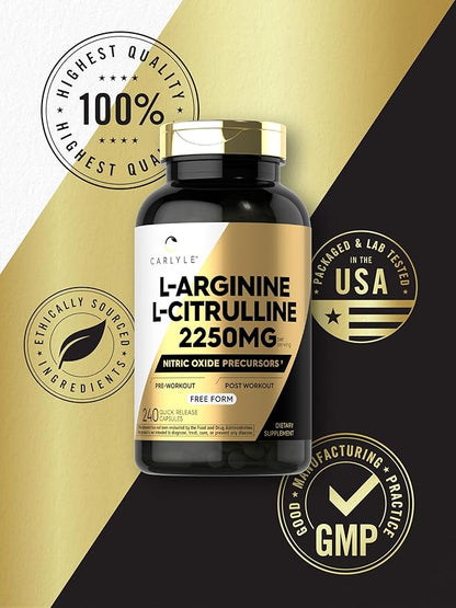 Carlyle L-Arginine L-Citrulline Supplement | 2250mg | 240 Capsules | Nitric Oxide Precursors | Free Form | Non-GMO & Gluten Free