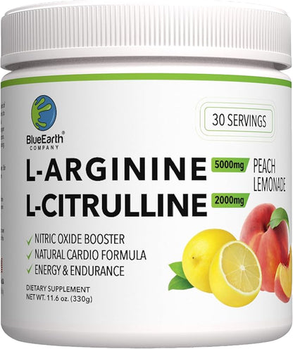 L-Arginine 5000mg + L-Citrulline 2000mg Complex Powder Supplement - Nitric Oxide Booster - Heart Health, Blood Flow, Energy & Endurance - 30 Servings (Peach Lemonade)