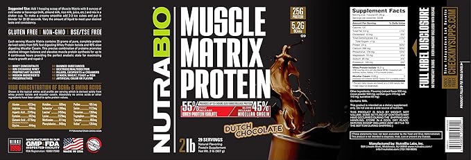 NutraBio Muscle Matrix Protein Powder - 25g of Protein Per Scoop - Whey Isolate and Micellar Casein Combo for Fast and Slow Release - Dutch Chocolate- 2 Pounds, 28 Servings