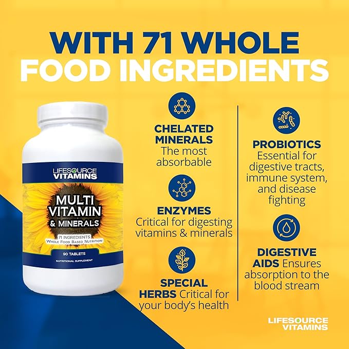 LifeSourceVitamins LifeSource Vitamins Whole Food Multivitamin & Minerals with 71 All Natural Ingredients, Probiotics, Digestive Enzymes, Chelated Minerals and Non-GMO, 90 Tablets