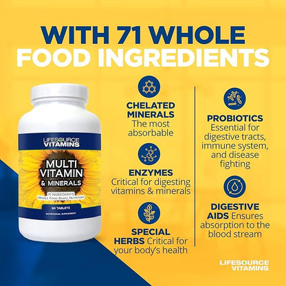 LifeSourceVitamins LifeSource Vitamins Whole Food Multivitamin & Minerals with 71 All Natural Ingredients, Probiotics, Digestive Enzymes, Chelated Minerals and Non-GMO, 90 Tablets