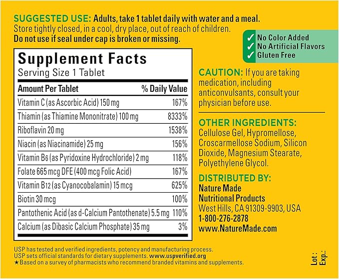 Nature Made Super B Complex with Vitamin C and Folic Acid, Dietary Supplement for Immune Support, 140 Tablets, 140 Day Supply