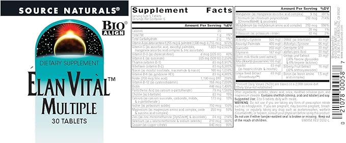 Source Naturals Elan Vital Multiple, Supports Brain, Heart, Liver, Immune, Energy Boost* - 30 Tablets