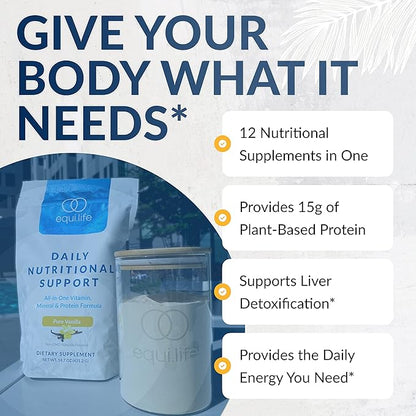 Equilife - Daily Nutritional Support, Organic and Plant Based Protein Powder, All-in-one Multivitamin, Boost Energy and Mood, Gut-Cleansing Aid and Skin Health (Pure Vanilla,14 Servings Bag)