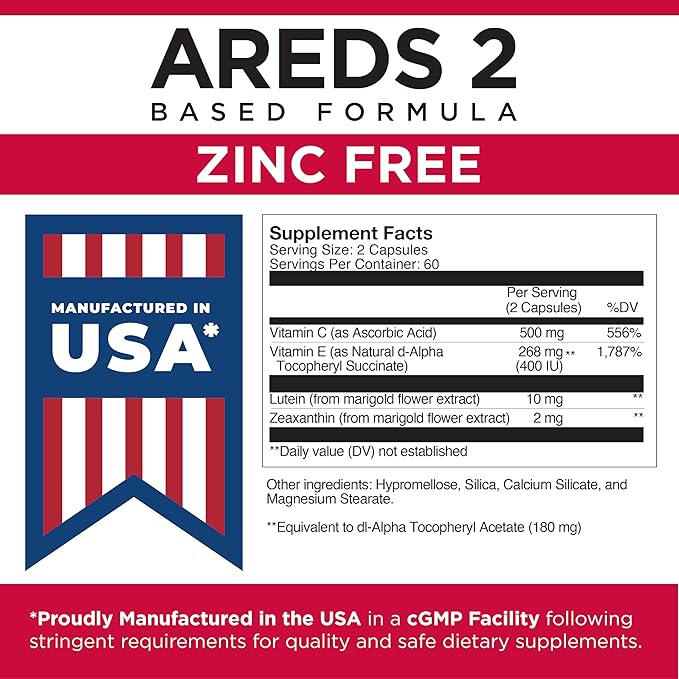 Viteyes AREDS 2 Zinc Free Macular Support, Natural Allergen Free Capsules with Vitamin E, Vitamin C, Lutein & Zeaxanthin, No Zinc, No Copper, Eye Doctor Trusted, Manufactured in The USA, 120 Ct