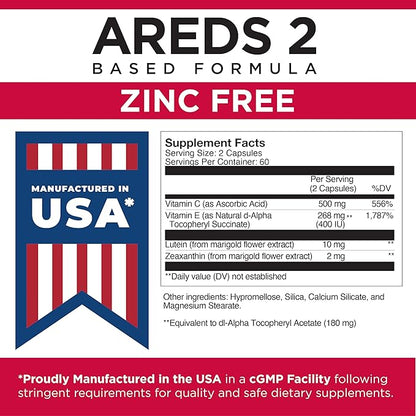 Viteyes AREDS 2 Zinc Free Macular Support, Natural Allergen Free Capsules with Vitamin E, Vitamin C, Lutein & Zeaxanthin, No Zinc, No Copper, Eye Doctor Trusted, Manufactured in The USA, 120 Ct