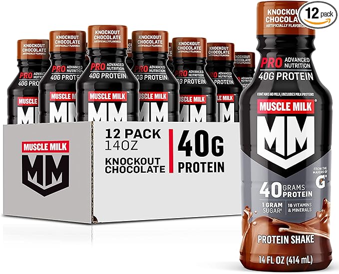 Muscle Milk Pro Advanced Nutrition Protein Shake, Knockout Chocolate, 14 Fl Oz Bottle, 12 Pack, 40g Protein, 1g Sugar, 16 Vitamins & Minerals, 6g Fiber, Workout Recovery, Packaging May Vary