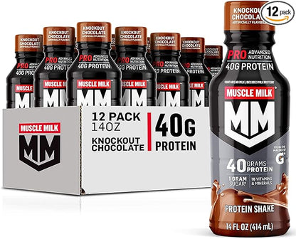Muscle Milk Pro Advanced Nutrition Protein Shake, Knockout Chocolate, 14 Fl Oz Bottle, 12 Pack, 40g Protein, 1g Sugar, 16 Vitamins & Minerals, 6g Fiber, Workout Recovery, Packaging May Vary