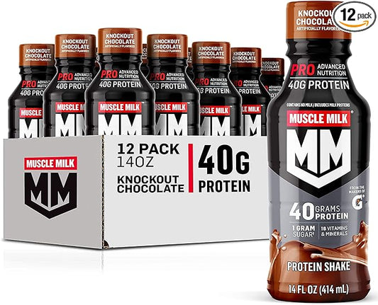 Muscle Milk Pro Advanced Nutrition Protein Shake, Knockout Chocolate, 14 Fl Oz Bottle, 12 Pack, 40g Protein, 1g Sugar, 16 Vitamins & Minerals, 6g Fiber, Workout Recovery, Packaging May Vary
