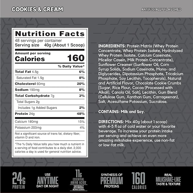 BSN SYNTHA-6 EDGE Protein Powder, with Hydrolyzed Whey, Micellar Casein, Milk Protein Isolate, Low Sugar, 24g Protein, Cookies N Cream, 48 Servings