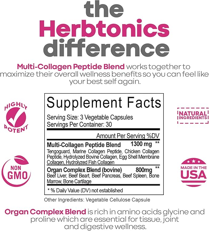 Multi Collagen Complex (Types 1 2 3 5 and 10) | Grass Fed Bone Broth Collagen Protein Peptides | Healthy Hair Skin Nails & Joint Support (with Organ Complex) | 90 Collagen Pills