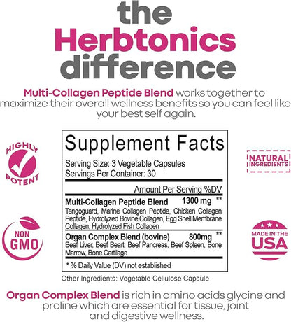 Multi Collagen Complex (Types 1 2 3 5 and 10) | Grass Fed Bone Broth Collagen Protein Peptides | Healthy Hair Skin Nails & Joint Support (with Organ Complex) | 90 Collagen Pills