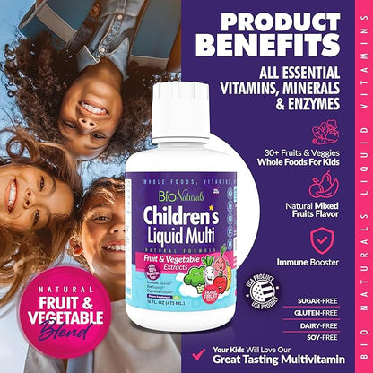 Bio Naturals Children's Liquid Multivitamin & Immune Booster - Natural Supplement for Kids & Toddlers with Vitamins A B C D3 E, Fiber, Fruits & Vegetables - No GMOs, Gluten, Sugar, Dairy, Soy - 16oz