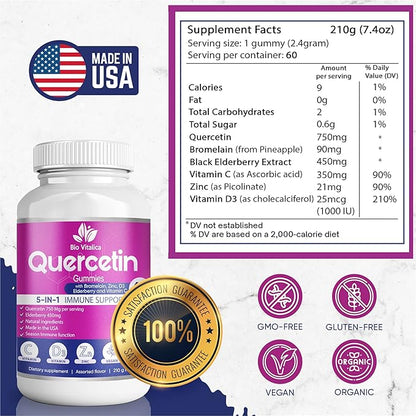 BIO VITALICA Quercetin Gummies by BioVitalica - Quercetin with Bromelain Vitamin C and Zinc & Elderberry + Vitamin D3-5 in 1 Immune Support - Zinc Quercetin 750 mg for Kids and Adult (6, Quercetin)