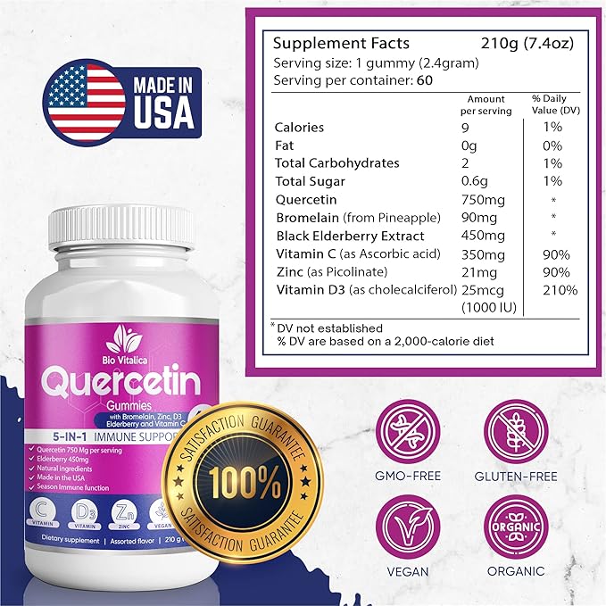 BIO VITALICA Quercetin Gummies by BioVitalica - Quercetin with Bromelain Vitamin C and Zinc & Elderberry + Vitamin D3-5 in 1 Immune Support - Zinc Quercetin 750 mg for Kids and Adult (6, Quercetin)