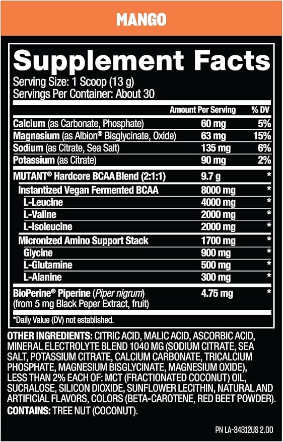 Mutant Hardcore BCAA - Pre, Intra or Post Workout – BCAA Next Level branched-Chain Amino Acids Supplement – Hydration + Recovery - 30 Serving - Mango