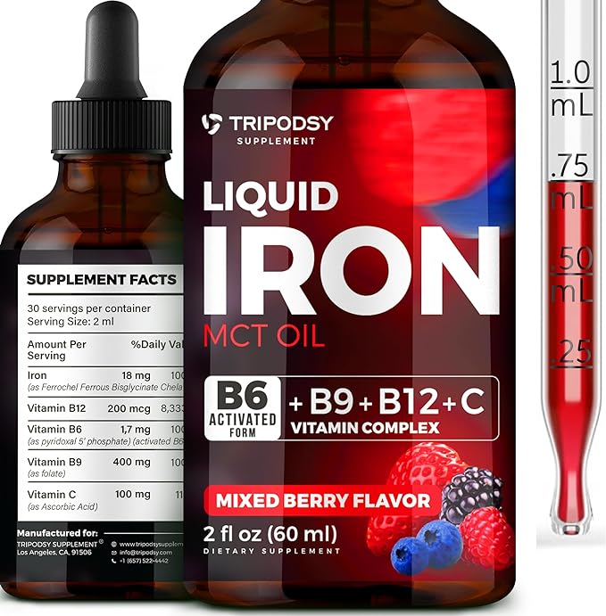 Iron Supplement for Women and Men - Iron Drops with B6, B9, B12, Vitamin C, Iron Vitamin for Anemia, Blood Builder, Folate for Red Blood Cell and Immune Support, MCT Oil (2 Fl Oz, Mixed Berry)