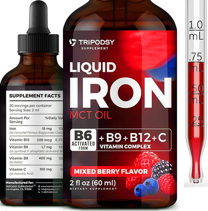 Iron Supplement for Women and Men - Iron Drops with B6, B9, B12, Vitamin C, Iron Vitamin for Anemia, Blood Builder, Folate for Red Blood Cell and Immune Support, MCT Oil (2 Fl Oz, Mixed Berry)