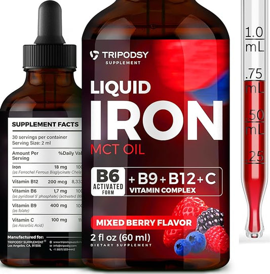 Iron Supplement for Women and Men - Iron Drops with B6, B9, B12, Vitamin C, Iron Vitamin for Anemia, Blood Builder, Folate for Red Blood Cell and Immune Support, MCT Oil (2 Fl Oz, Mixed Berry)