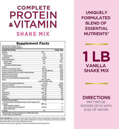 Nature's Bounty Complete Protein & Vitamin Shake Mix with Collagen & Fiber, Contains Vitamin C for Immune Health, Vanilla Flavored, 16 Oz
