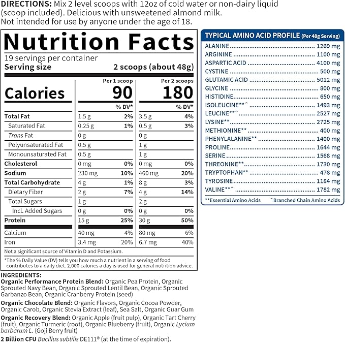 Garden of Life Organic Vegan Sport Protein Powder, Chocolate - Probiotics, BCAAs, 30g Plant Protein for Premium Post Workout Recovery, NSF Certified, Keto, Gluten & Dairy Free, Non GMO, 19 Servings