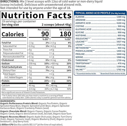 Garden of Life Organic Vegan Sport Protein Powder, Chocolate - Probiotics, BCAAs, 30g Plant Protein for Premium Post Workout Recovery, NSF Certified, Keto, Gluten & Dairy Free, Non GMO, 19 Servings