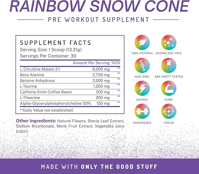 PWDRS Pre-Workout Powder, All Natural Pre Workout for Energy, Pump, Endurance & Strength, with Caffeine (Rainbow Snowcone)