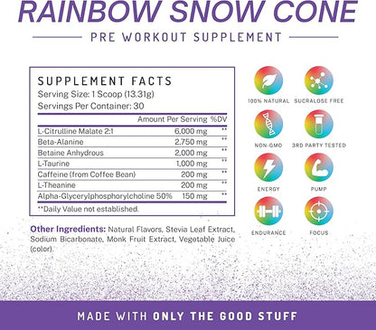 PWDRS Pre-Workout Powder, All Natural Pre Workout for Energy, Pump, Endurance & Strength, with Caffeine (Rainbow Snowcone)