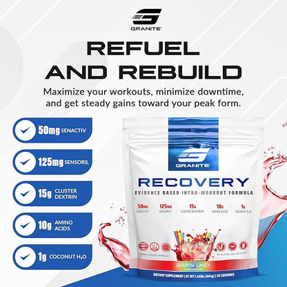 Granite Recovery for Intra & Post Workout |10g Aminos, Electrolytes, Cluster Dextrin for Muscle Recovery & Growth | Amino Acids Supplement with Sensoril | 20 Servings | Rainbow Candy