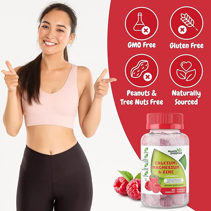Calcium Magnesium & Zinc + Vitamin D Gummies | Bone Health Immune Health Energy and Muscle Function | Daily Dietary Vitamin Supplement | for Adults, Teens | Fruity Raspberry Flavor