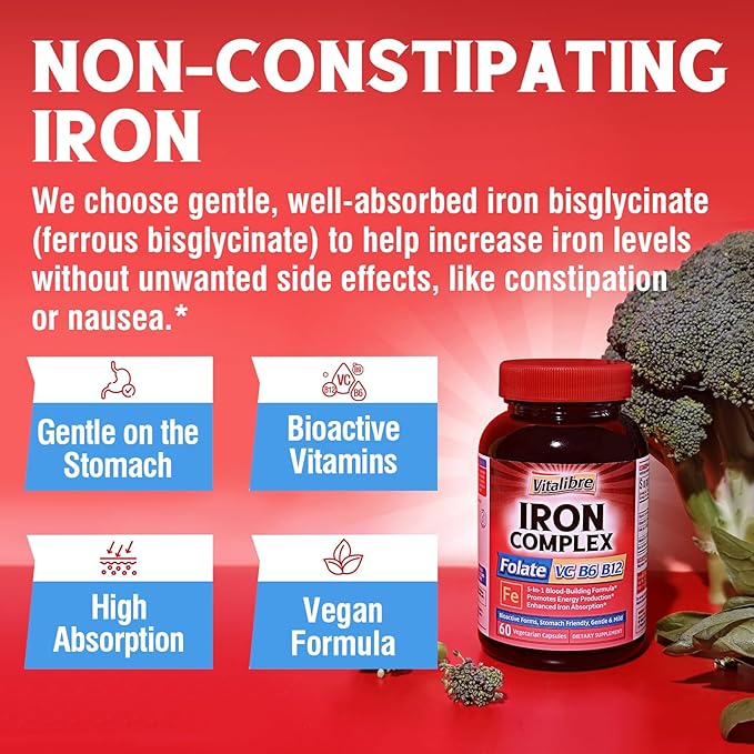 Iron Supplement for Women & Men, with Vitamins C, B6, B12 & Folate for Iron Deficiency, Blood Building & Energy Support, Stomach Friendly, Better Absorption, Non-GMO, No Gluten, 60 Vegan Caps