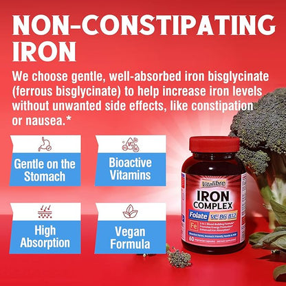 Iron Supplement for Women & Men, with Vitamins C, B6, B12 & Folate for Iron Deficiency, Blood Building & Energy Support, Stomach Friendly, Better Absorption, Non-GMO, No Gluten, 60 Vegan Caps