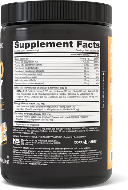 NutraBio Amino Kick - Amino Acid Energy Formula - BCAA's, Electrolytes for Hydration, Natural Caffeine- 30 Servings (Georgia Peach Tea)