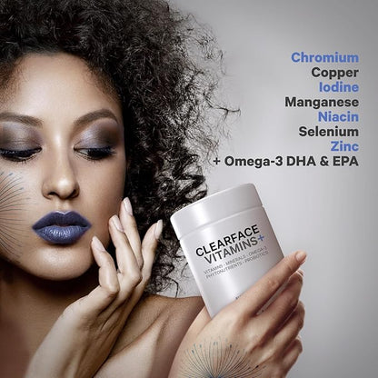 Codeage Clearface Pantothenic Acid, Niacin Supplement, Vitamins A, C, D3, E, Probiotics, Zinc, Riboflavin, Thiamin, L-Lysine HCL & Omega-3, Niacinamide, Skin Botanical Blend - Non-GMO - 90 Capsules