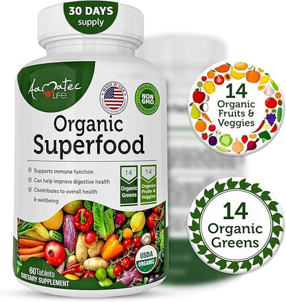 Organic Superfood Greens Fruits and Veggies Complex - Best Dietary Supplement with 14 Greens &14 Fruits & Vegetables with Alfalfa Rich in Antioxidants Organic Ingredients Non-GMO (180 Count Pack of 3)