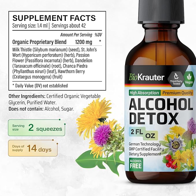 BIO KRAUTER Alcohol Detox Tincture - Liver Cleanse & Detox Formula - Milk Thistle & Dandelion - Liver Support Liquid Extract - Alcohol and Sugar Free - Vegan Liver Detox Drops 2 Fl.Oz.