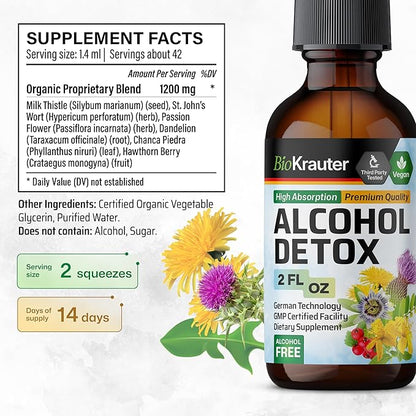 BIO KRAUTER Alcohol Detox Tincture - Liver Cleanse & Detox Formula - Milk Thistle & Dandelion - Liver Support Liquid Extract - Alcohol and Sugar Free - Vegan Liver Detox Drops 2 Fl.Oz.