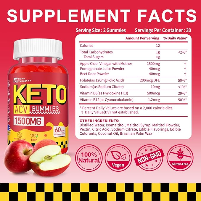 Keto ACV Gummies - 1500MG ACV Keto Gummies for Women Men - Apple Cider Vinegar with Mother, Probiotics, Vitamins B6 B12 for Gut Digestion - Vegan & Non-GMO Keto Gummies, Made in USA, 4 Pack
