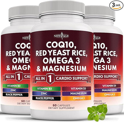 NEW AGE COQ10 200mg Red Yeast Rice Omega 3-6-9 Magnesium Complex Zinc Vitamin K2 D3 - Heart Health Support Vitamins for Women and Men with Vitamin B3, Coenzyme Q10-180 Count