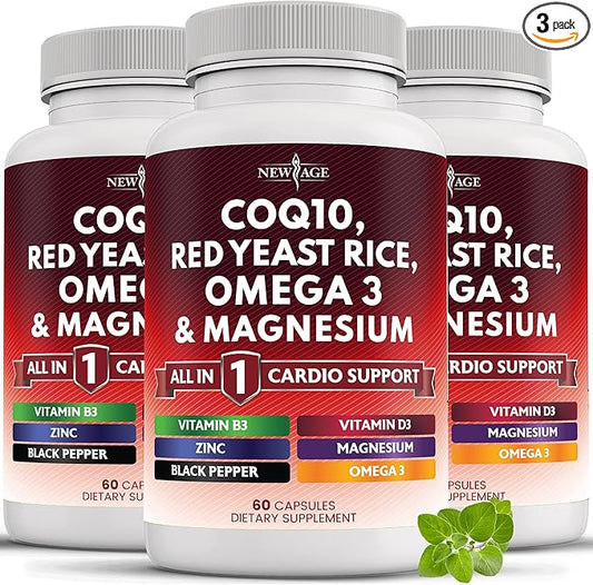 NEW AGE COQ10 200mg Red Yeast Rice Omega 3-6-9 Magnesium Complex Zinc Vitamin K2 D3 - Heart Health Support Vitamins for Women and Men with Vitamin B3, Coenzyme Q10-180 Count