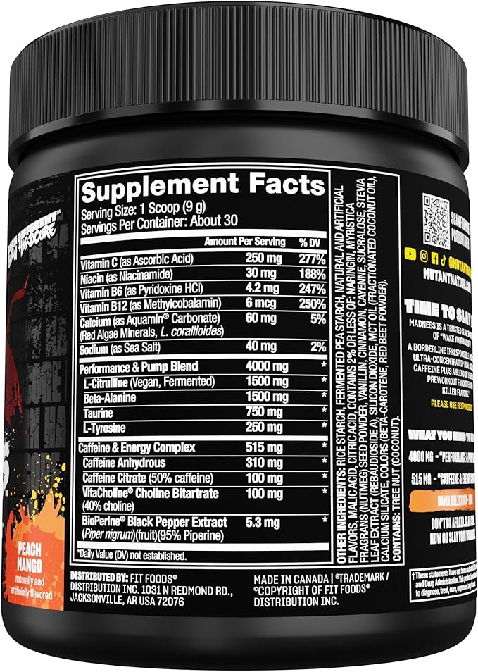 Mutant Madness | Pre Workout Powder Supplement Performance and Pump Blend Includes L-Citrulline, Beta-Alanine, Taurine, L-Tyrosine | 30 Serving | Peach Mango