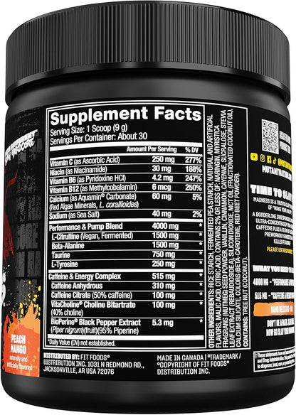 Mutant Madness | Pre Workout Powder Supplement Performance and Pump Blend Includes L-Citrulline, Beta-Alanine, Taurine, L-Tyrosine | 30 Serving | Peach Mango