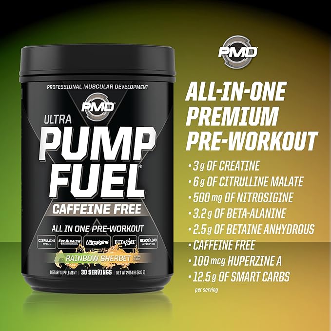 PMD Sports Ultra Pump Fuel Caffeine Free - Pre Workout Drink Mix - Energy, Strength, Endurance, Recovery Complex Carbohydrates and Amino Energy - Rockin Rainbow Sherbet (30 Servings)