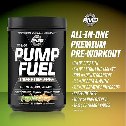PMD Sports Ultra Pump Fuel Caffeine Free - Pre Workout Drink Mix - Energy, Strength, Endurance, Recovery Complex Carbohydrates and Amino Energy - Rockin Rainbow Sherbet (30 Servings)