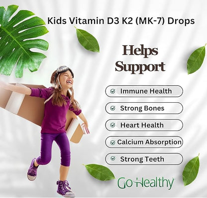 Go Healthy Vitamin D3 K2 (MK-7) All-Trans Drops for Kids - Easy-to-Absorb Vegan D Liquid, Children's Growth & Immune Support, Gluten Free, Delicious Vanilla Flavor - 30 Servings