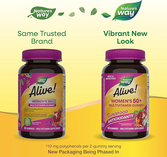Nature's Way Alive! Women’s 50+ Daily Gummy Multivitamins, Supports Multiple Body Systems*, Supports Healthy Heart, Brain & Bones,* B-Vitamins, Mixed Berry Flavored, 60 Gummies (Packaging May Vary)