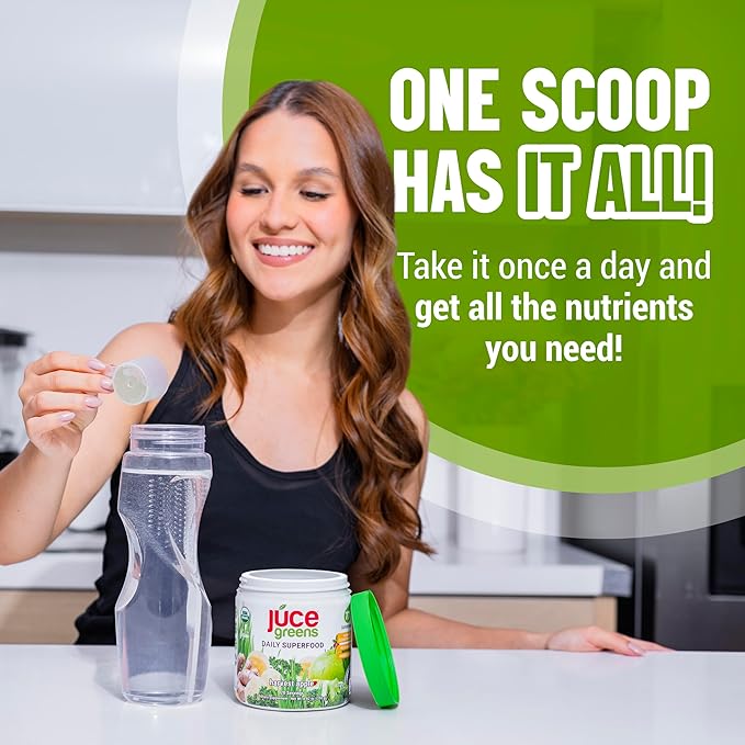 JUCE Green Superfood Powder, Organic Fruits and Veggies Supplement W/ 77 Superfoods Plus Prebiotic Probiotic Blend, Harvest Apple Flavor - 20 Servings (230 g)