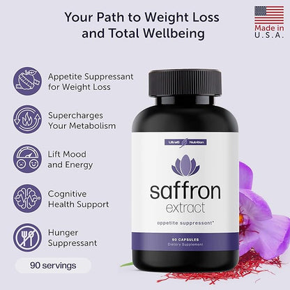 Pure Saffron Extract - Appetite Suppressant for Weight Loss Women & Men - Natural Hunger & Craving Control Supplement - Saffron Supplements for Energy & Mood Lift - 90 Capsules(Pack of 2)