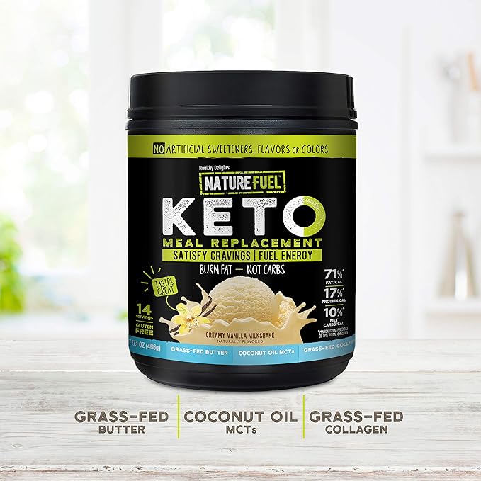 Nature Fuel Keto Meal Replacement Powder - Gluten Free with Coconut Oil MCTs and Grass-Fed Butter - Creamy Vanilla Milkshake - 14 Servings - Pantry Friendly, 17.1 Fl Oz