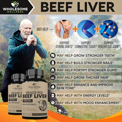 Grass Fed Desiccated Beef Liver Capsules (180 Pills, 750mg Each) - Natural Iron, Vitamin A, B12 for Energy - Humanely Pasture Raised Undefatted in New Zealand Without Hormones or Chemicals